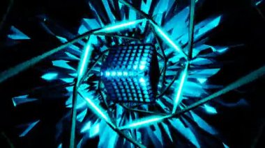 event and festival abstract background blue vibrating sci fi 3d cube in spiral tunnel vj loop 4k