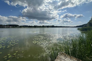 Fazla büyümüş su zambakları ve güzel gökyüzü ile balık tutmak için güzel bir göl.