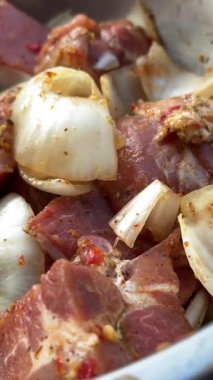 juicy marinated meat shashlik closeup. High quality 4k footage