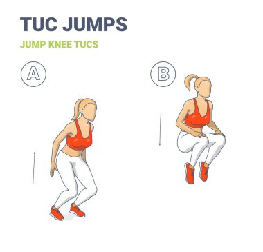Jump Knee Tucs egzersizi. Kadın Vücut Ağırlığı Ev Çalışmaları Rehberi. Dizleri, kasları, kasları ve karın kasları için Diz Zıplayan Kız