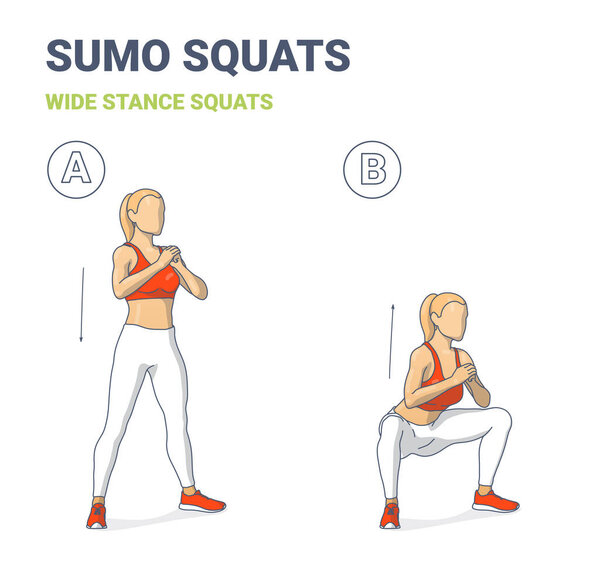 Girl Doing Sumo Squats. Woman Bodyweight Home Workout Guidance. Female Doing Wide Stance Squats Instruction