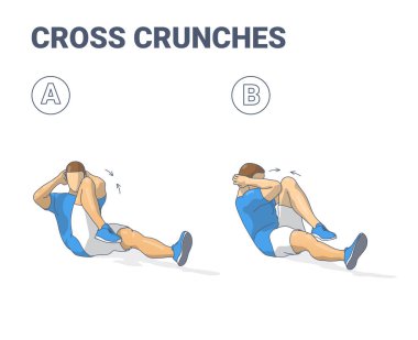 Çapraz Çatlamalar Abs Egzersiz İllüstrasyonu. Abdominals 'da Çalışan Erkeğin Renkli Kavramı - Spor Giysilerinde Erkek Spor Çapraz Çaprazlaması Yapar veya Bisiklet Çıtırtıları Ev Çalışması Yapar.