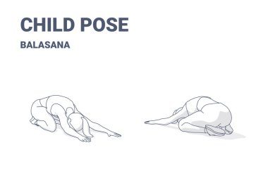 Childs Poz Egzersizi, Kadın Antrenman Rehberi. Siyah ve Wite Kız Yogası Konsepti Spor Giyim Genç Kadın Eğitimi Balasana Asana Özeti.