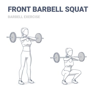 Barbell Spor Rehberi ile Çömelmiş Kadın. Ön halter egzersizi yapan kız..