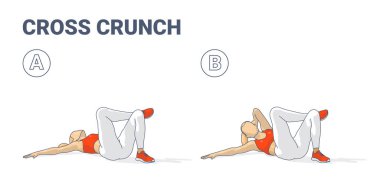 Çapraz Çatlamalar Abs Egzersiz İllüstrasyonu. Abdominals 'ta Çalışan Kız Konsepti - Spor Giyimli Genç Bir Kadın Spor Çaprazlama veya Bisiklet Çıtırları Ev Çalışması Yapıyor.