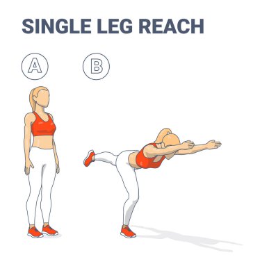 Single leg reach exercise guidance, a female balancing on one leg while reaching forward with the opposite hand. This exercise targets core strength and improves balance.