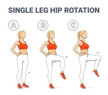 Atletik bir kadının, tek bacaklı kalça döndürme egzersizini adım adım yaparken çekilmiş üç görüntüsü. Vücut geliştirme talimatları, uygulamalar veya kalça hareketliliği ve denge eğitimi üzerine makaleler için mükemmel.