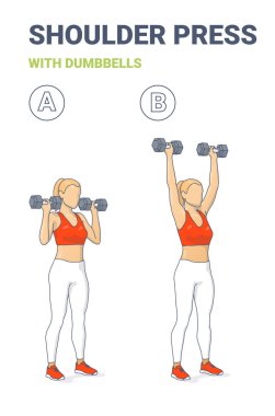 Adım adım bir rehber, iki aşamada dambılın omuzlarının üzerindeki baskıyı gösteren bir kadın. Bu etkin egzersizle vücut gücünü arttırmak için uygun tekniği öğrenin..