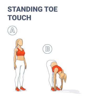 Ayakta Dokunuş egzersizini iki aşamada yapan bir kadının resimli rehberi. Fitness eğitimi, sağlık rehberleri, egzersiz dersleri ve sağlıklı yaşam tarzı kavramları için ideal..