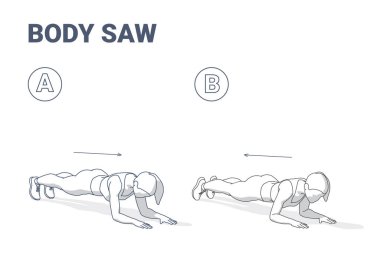 Vücut Testere Egzersizi Adım Adım Siyah ve Beyaz Çizim