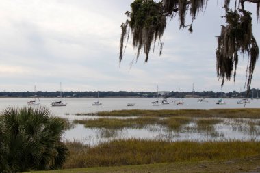 Beaufort, South Carolina, United States - November 17, 2022: Boats on the mooring balls in Beaufort, South Carolina. This is a popular spot for over night stays by boats transiting the Intracoastal Waterway.