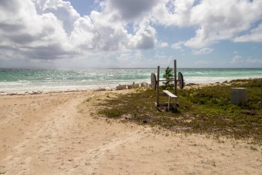 wooden bench and weights at the beach in Bahamas
