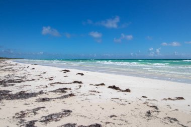 Tropical beach seascape with turquoise water and blue sky in the Bahamas