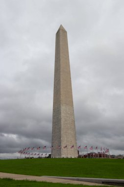 Washington, DC, ABD - 9 Ağustos 2024: Washington Anıtı Amerikan Bayraklarıyla çevrili duruyor.