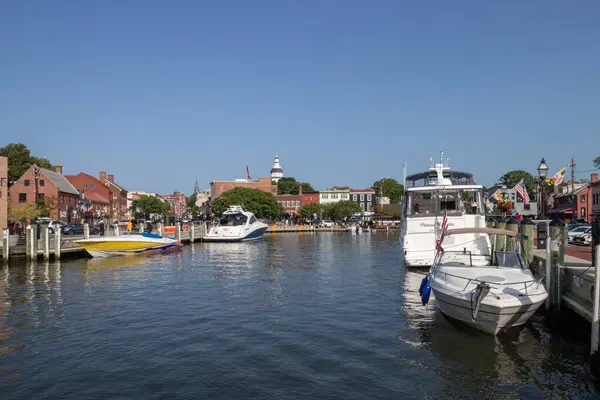 Annapolis, Maryland, ABD - 3 Ağustos 2024: Annapolis limanına demirlemiş tekneler.