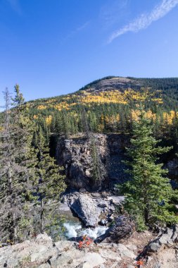 Ağaç kaplı dağlar ve güneşli bir sonbahar gününde bir nehir..