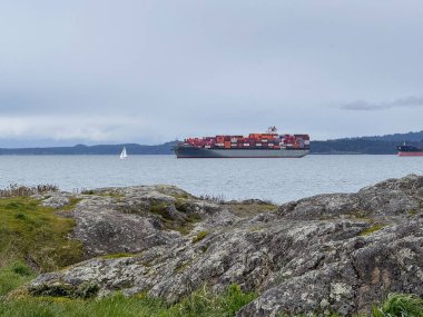 Esquimalt, British Columbia, Kanada - 20 Mart 2025: Esquimalt 'taki Macauley Point Park' a demir atmış bir yük gemisi
