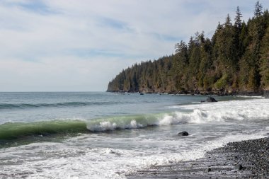 Mystic Beach 'teki Vancouver Adası' nda dalgalar çarpışıyor.