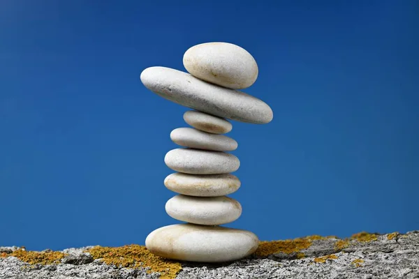 Több Fehér Zen Kövek Különböző Formájú Halmozott Egyensúly Kék Háttér — Stock Fotó