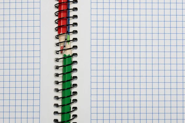 Otwarty Notatnik Arkuszy Papieru Kratkę Kolorowymi Ołówkami Między Pierścieniami — Zdjęcie stockowe