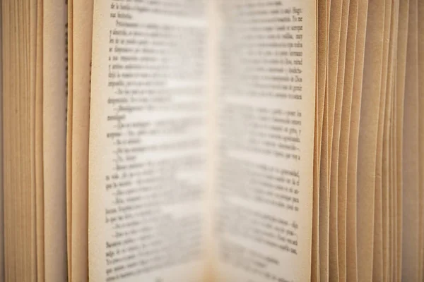 Detail of an open book with the writing on the pages out of focus