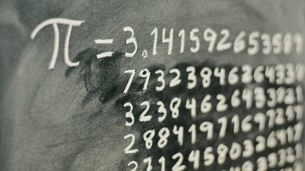 Mathematical number pi, written with chalk on a blackboard, with its equivalence in numbers