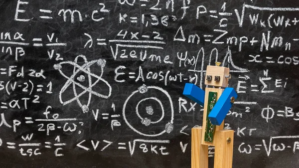 Robot Made Wood Screws Teaching Quantum Physics Front Blackboard Full — Stock Photo, Image