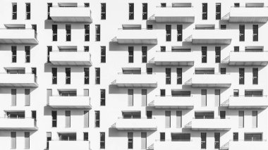 Siyah beyaz bir şehirde, modern bir binanın balkonları ve pencereleri.