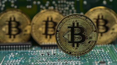 Bilgisayar devre kartında Bitcoin altın sikke