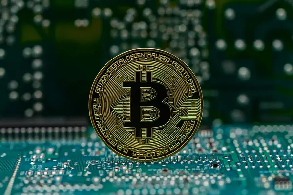 Bilgisayar devre kartında Bitcoin altın sikke