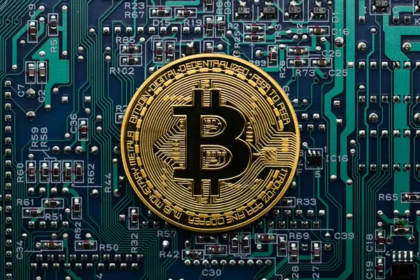 Bilgisayar devre kartında Bitcoin altın sikke