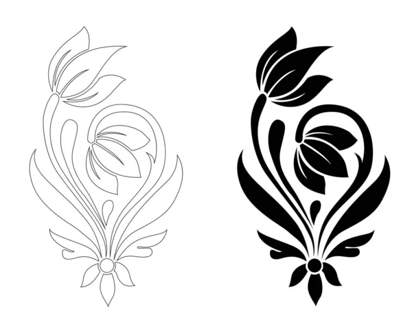 黑白花卉艺术与线条画 用于在白色背景下隔离的色彩填充 矢量图解 — 图库矢量图片