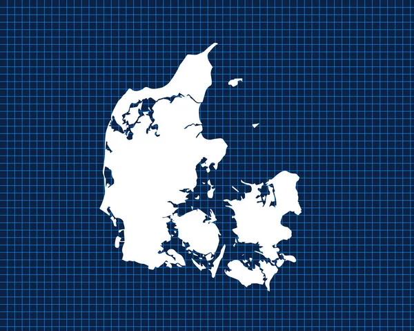 在蓝色霓虹灯网格上孤立的白色地图设计 丹麦国家背景 矢量图解 — 图库矢量图片