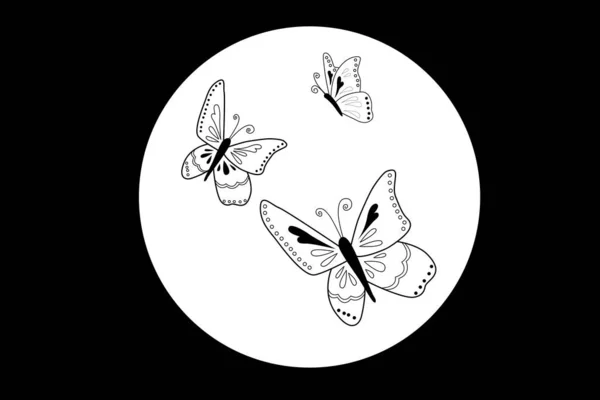 暗い黒の背景を持つ白い円に隔離された美しい蝶 ベクトル図 — ストックベクタ