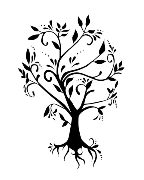 Black White Fantasy Type Art Tree Leaves Silhouette Isolated White — Stock Vector