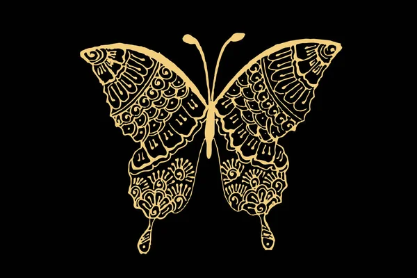 Τέχνη Zentangle Για Πεταλούδα Χρυσό Χρώμα Απομονώνονται Σκούρο Μαύρο Φόντο — Διανυσματικό Αρχείο