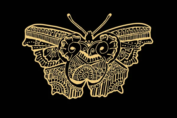 Zentangle Kunst Für Schmetterling Mit Goldfarbe Isoliert Auf Dunkelschwarzem Hintergrund — Stockvektor