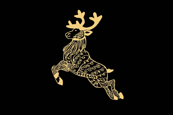 Zentangle Art Reindeer Gold Color Isolated Dark Black Background Vector — Stock Vector