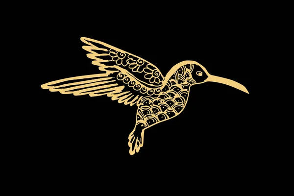 Zentangle Art Hummingbird Gold Color Isolated Dark Black Background Vector — Stock Vector