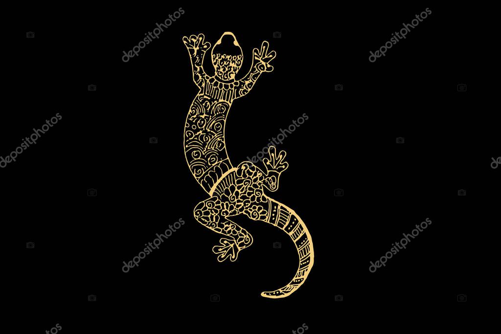 Zentangle art for Lizard with gold color isolated on dark black background - vector illustration