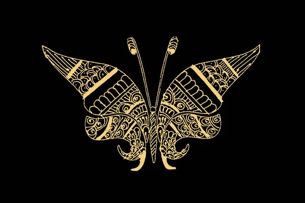 Art Zentangle Pour Papillon Avec Couleur Isolé Sur Fond Noir — Image vectorielle