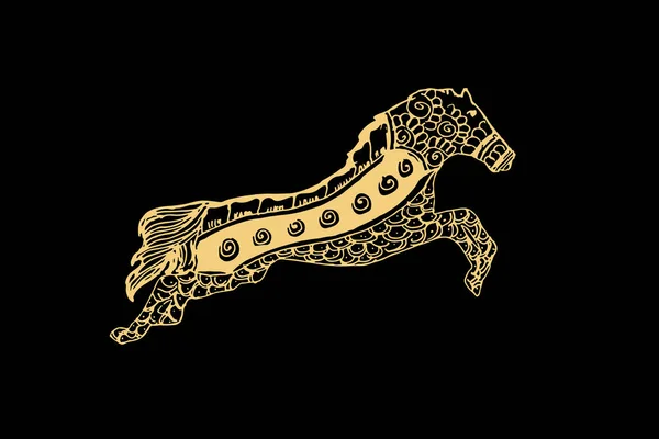 Zentangle Kunst Für Pferd Mit Goldfarbe Isoliert Auf Dunkelschwarzem Hintergrund — Stockvektor