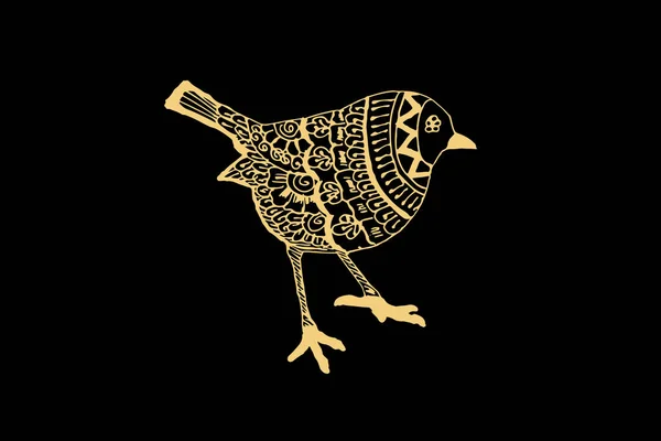 Zentangle Art Little Sparrow Gold Color Isolated Dark Black Background — Stock Vector