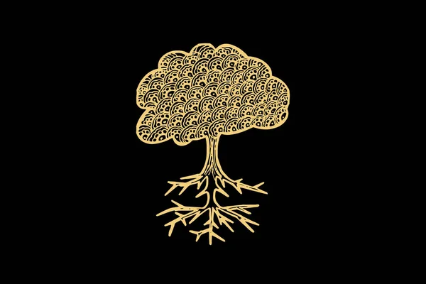 Zentangle Τέχνη Για Δέντρο Ρίζες Χρυσό Χρώμα Απομονώνονται Σκούρο Μαύρο — Διανυσματικό Αρχείο
