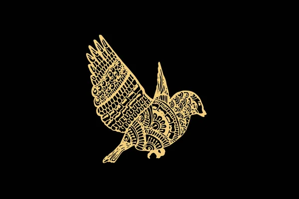 暗い黒の背景に隔離された金の色を持つ鳥のためのZentangleアート ベクトル図 — ストックベクタ