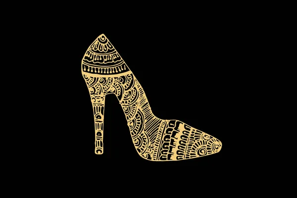 Zentangle Τέχνη Για Γυναίκα Παπούτσι Χρυσό Χρώμα Απομονώνονται Σκούρο Μαύρο — Διανυσματικό Αρχείο