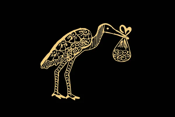 Zentangle Art Crane Bird Holding Something Gold Color Isolated Dark — Stock Vector