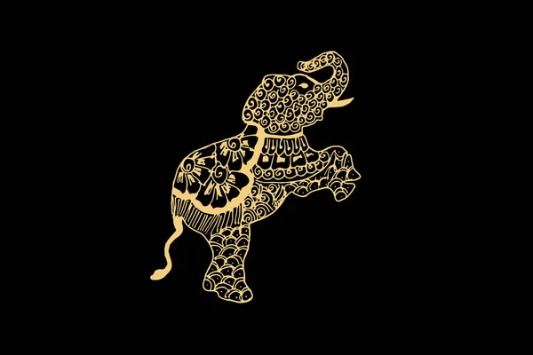 黒の背景に金の色が孤立した象のためのゼンタングルアート ベクトル図 — ストックベクタ