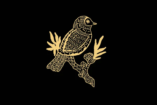 Мистецтво Зентакле Птаха Горобця Золотим Кольором Ізольовано Темно Чорному Тлі — стоковий вектор