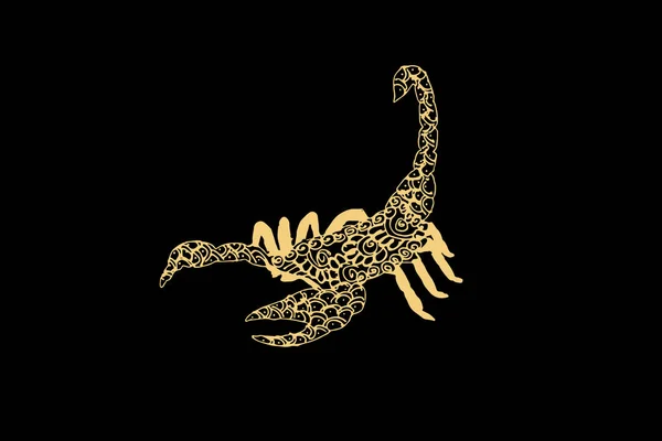 Sztuka Zentangle Dla Skorpiona Kolorze Złotym Izolowane Ciemnym Czarnym Tle — Wektor stockowy